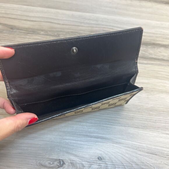 Gucci Canvas Long Wallet- Rare Brown Wood Magnet Clasp Vintage Monogram - Picture 14 of 16